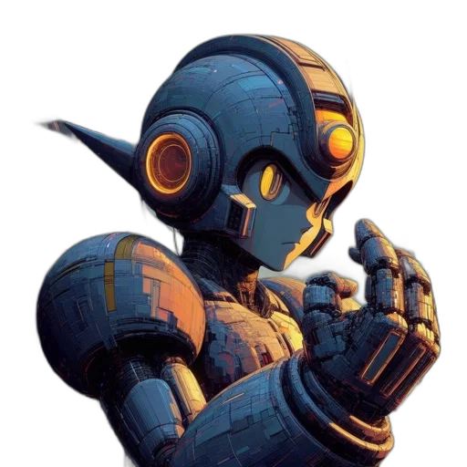 robot, weapon, pixel art, concept art, 3d render, cyberpunk, blue, gray transparent PNG cut-out