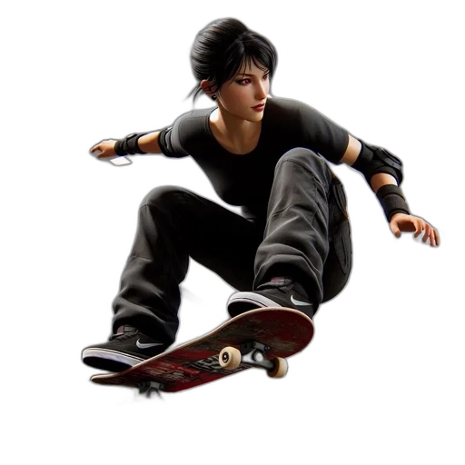 concept art, 3d render, photorealistic, pixel art, female, skateboarder, performs, trick transparent PNG cut-out