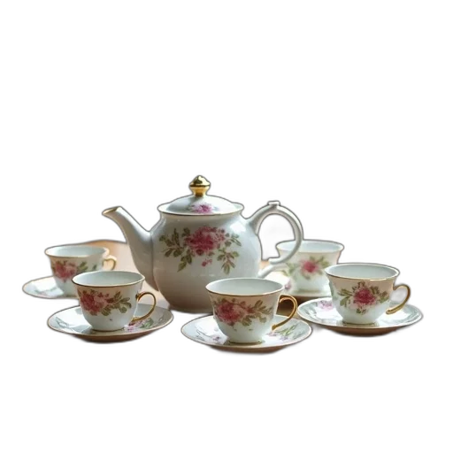 3d render, photorealistic, set, vintage, floral, patterned, teacups, saucers transparent PNG cut-out