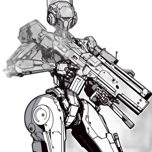 robot, weapon, concept art, cyberpunk, comic book art, pixel art, monochrome, armored transparent PNG cut-out