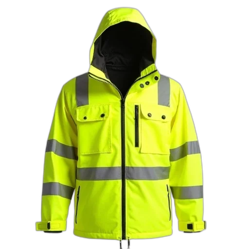 jacket, neon, bright, yellow, high-visibility, reflective, strips, hood transparent PNG cut-out