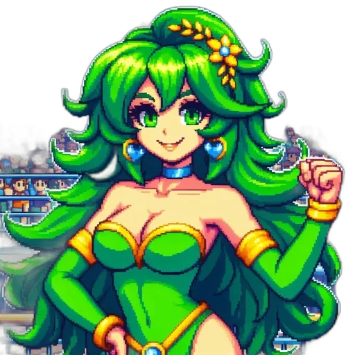 dress, staff, crown, pixel art, anime, fantasy art, concept art, green transparent PNG cut-out