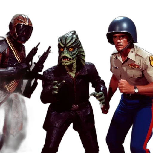 concept art, comic book art, outer space, three, characters, figure, futuristic, armor transparent PNG cut-out