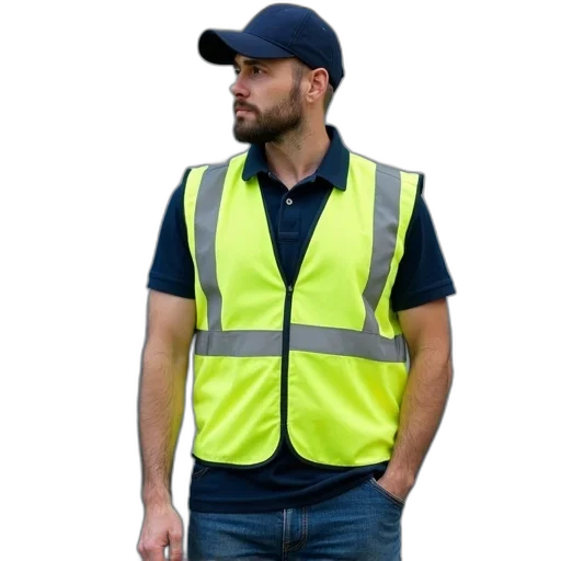 jacket, staff, man, wearing, bright, yellow, safety, vest transparent PNG cut-out