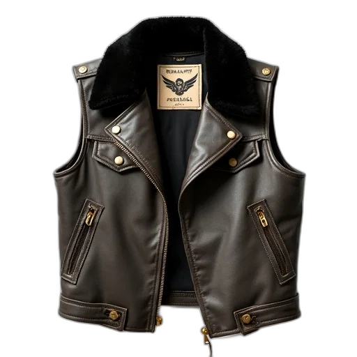 jacket, worn, leather, vest, black, collar, tag, back transparent PNG cut-out
