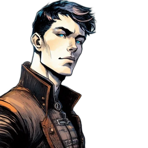 jacket, comic book art, concept art, earth tones, portrait, young, man, distinctive transparent PNG cut-out