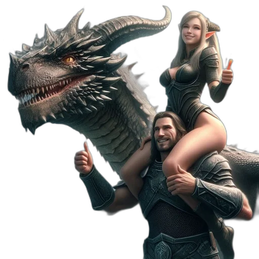 dragon, concept art, fantasy art, 3d render, fire, man, woman, pose transparent PNG cut-out