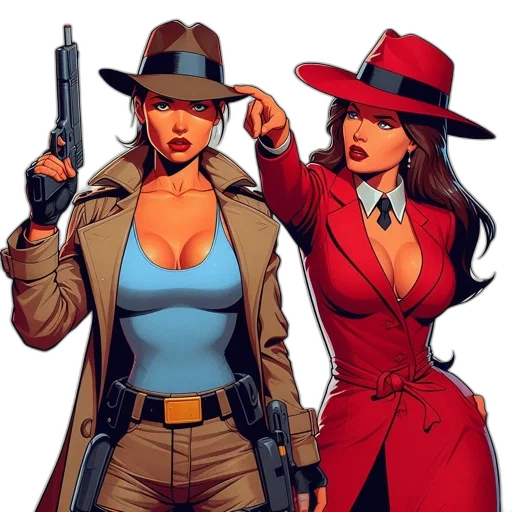 comic book art, concept art, cartoon, two, women, one, dressed, casual transparent PNG cut-out