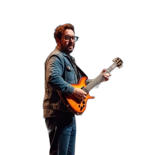 jacket, staff, concept art, man, glasses, playing, electric, guitar transparent PNG cut-out