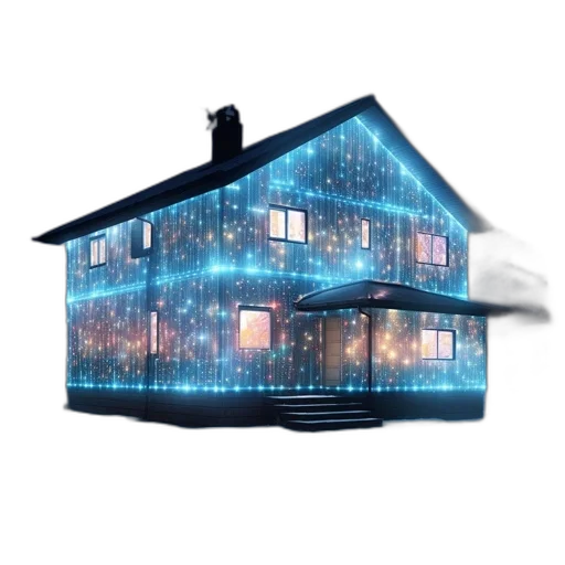 building, 3d render, two-story, house, glows, shimmering, light, during transparent PNG cut-out