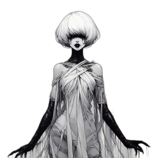 dress, creature, mask, hair, concept art, fantasy art, comic book art, pixel art transparent PNG cut-out