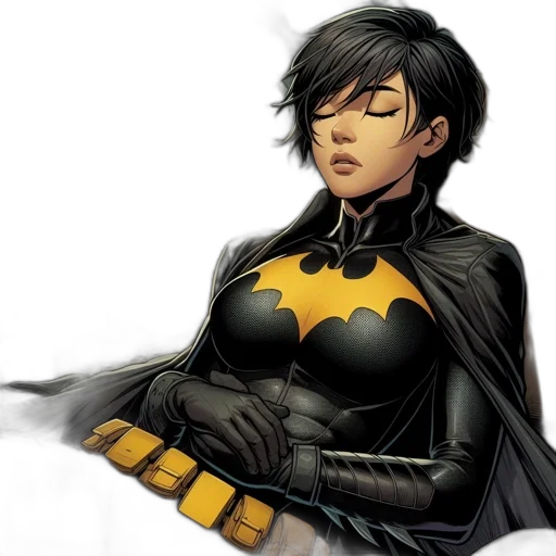 comic book art, concept art, bat-themed, superheroine, relaxes, dim, cavernous, space transparent PNG cut-out
