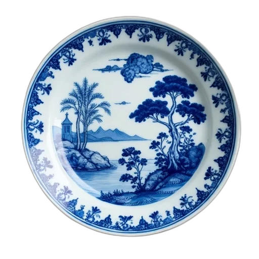 food, forest, underwater, blue, white, porcelain, plate, intricate transparent PNG cut-out