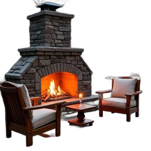 furniture, 3d render, photorealistic, fire, cozy, outdoor, setting, stone transparent PNG cut-out