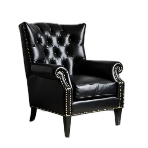 furniture, 3d render, black, leather, armchair, tufted, upholstery, nailhead transparent PNG cut-out