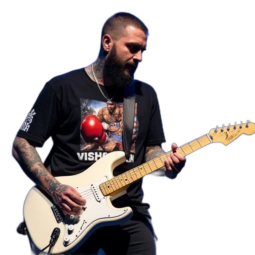 jacket, 3d render, man, tattoos, playing, guitar, stage, wearing transparent PNG cut-out