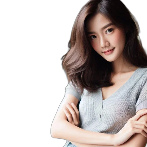 photorealistic, oil painting, cartoon, young, woman, long, wavy, brown transparent PNG cut-out