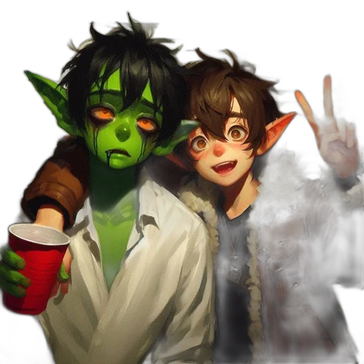 concept art, fantasy art, pixel art, watercolor, green, two, characters, one transparent PNG cut-out