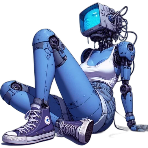 robot, cyberpunk, concept art, vaporwave, comic book art, blue, robotic, figure transparent PNG cut-out