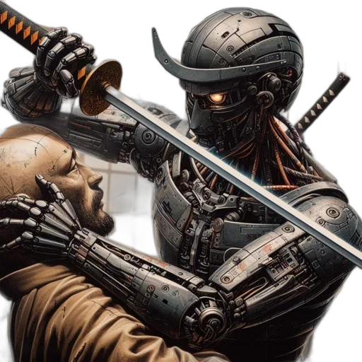 robot, weapon, concept art, comic book art, fantasy art, cyberpunk, humanoid, holds transparent PNG cut-out