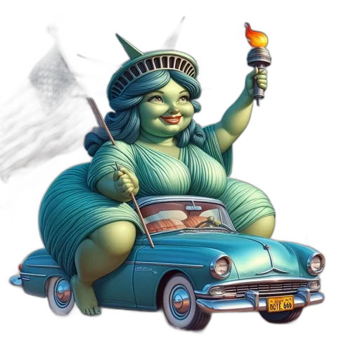 car, concept art, photorealistic, 3d render, caricatured, statue, liberty, sits transparent PNG cut-out