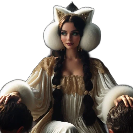 crown, hat, dress, hair, concept art, fantasy art, woman, sits transparent PNG cut-out