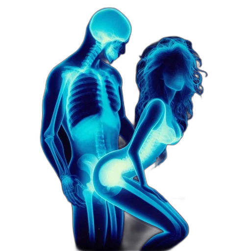 robot, neon lights, two, transparent, skeletonized, figures, inhabit, dimly transparent PNG cut-out