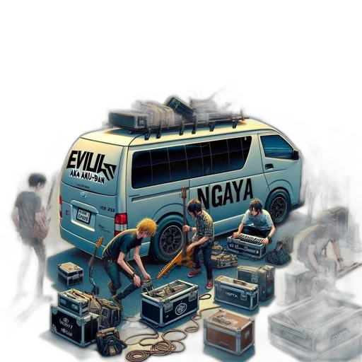 car, concept art, comic book art, photorealistic, watercolor, city street, group, musicians transparent PNG cut-out