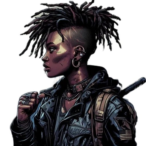 jacket, weapon, hair, staff, cyberpunk, concept art, comic book art, cartoon transparent PNG cut-out