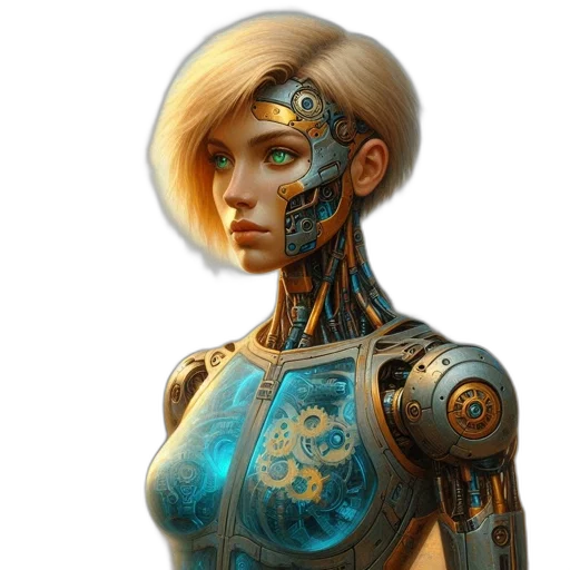 robot, face, concept art, cyberpunk, fantasy art, 3d render, blue, golden transparent PNG cut-out
