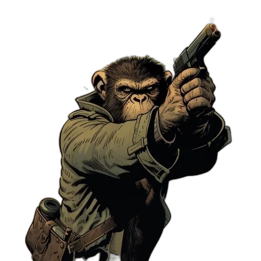 weapon, staff, animal, comic book art, concept art, primate, trench, coat transparent PNG cut-out