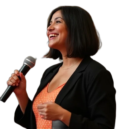 staff, jacket, woman, standing, church, holding, microphone, her transparent PNG cut-out