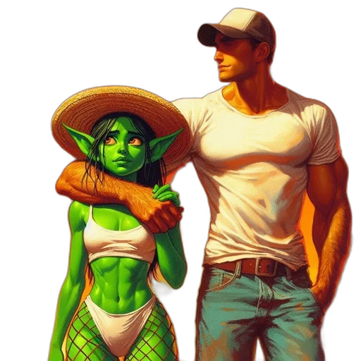 hat, concept art, comic book art, fantasy art, pixel art, green, female, character transparent PNG cut-out
