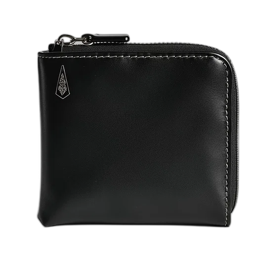 black, leather, wallet, silver, zipper, closure, logo, front transparent PNG cut-out