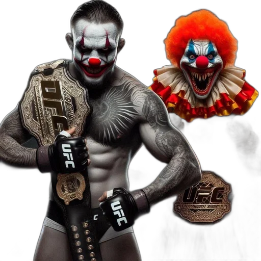 concept art, two, figures, one, muscular, individual, clown-like, face transparent PNG cut-out
