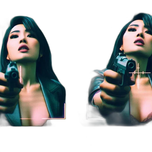 weapon, jacket, face, concept art, cyberpunk, 3d render, photorealistic, split-screen transparent PNG cut-out