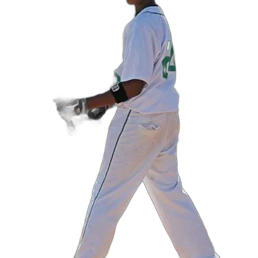 staff, baseball, player, white, uniform, green, lettering, holds transparent PNG cut-out