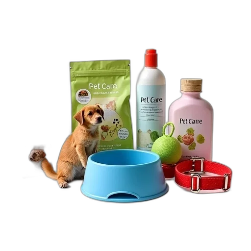 collection, various, pet-related, items, displayed, white, background, include transparent PNG cut-out