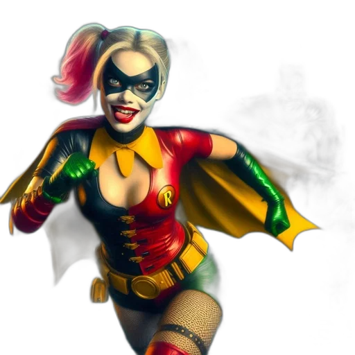 comic book art, concept art, fantasy art, 3d render, harley, quinn, batman, appear transparent PNG cut-out