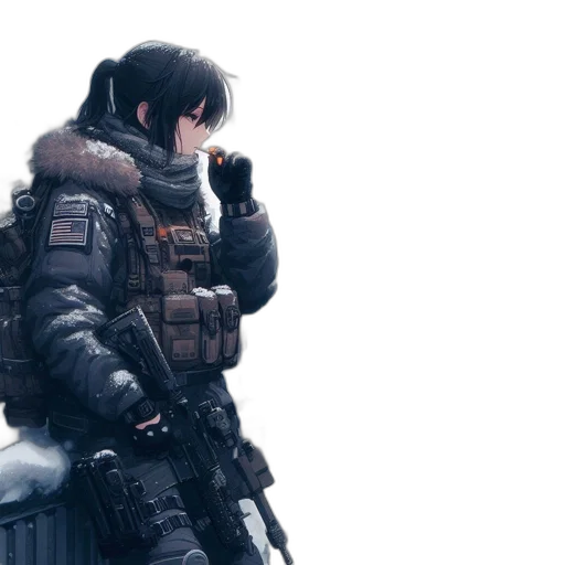 jacket, weapon, concept art, cyberpunk, 3d render, pixel art, snow, dark transparent PNG cut-out