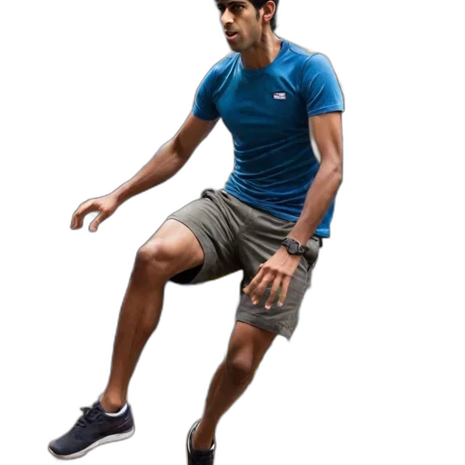 man, motion, wearing, shorts, t-shirt, captured, mid-air, against transparent PNG cut-out