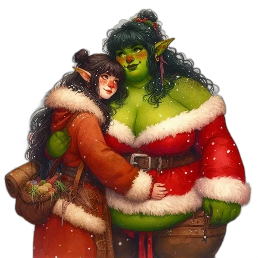 concept art, fantasy art, pixel art, comic book art, snow, green, two, characters transparent PNG cut-out
