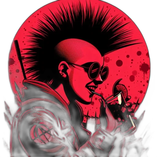 jacket, staff, face, comic book art, cartoon, concept art, cyberpunk, fire transparent PNG cut-out