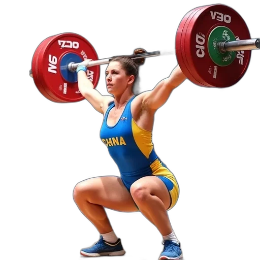 weapon, female, weightlifter, squat, position, barbell, loaded, weights transparent PNG cut-out