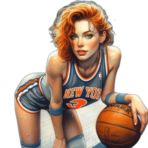 comic book art, photorealistic, fantasy art, concept art, neon lights, female, basketball, player transparent PNG cut-out