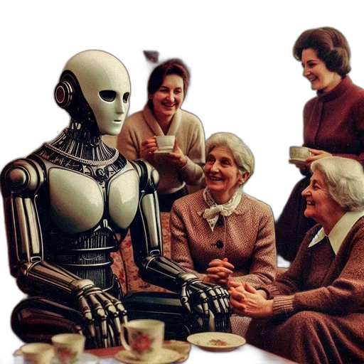 robot, concept art, 3d render, outer space, four, elderly, women, along transparent PNG cut-out