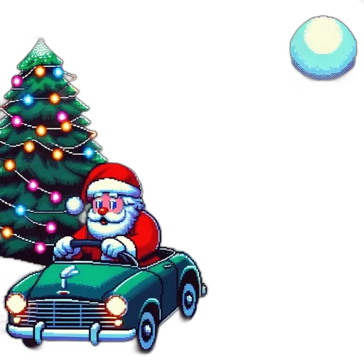 car, pixel art, concept art, snow, santa, driving, green, while transparent PNG cut-out