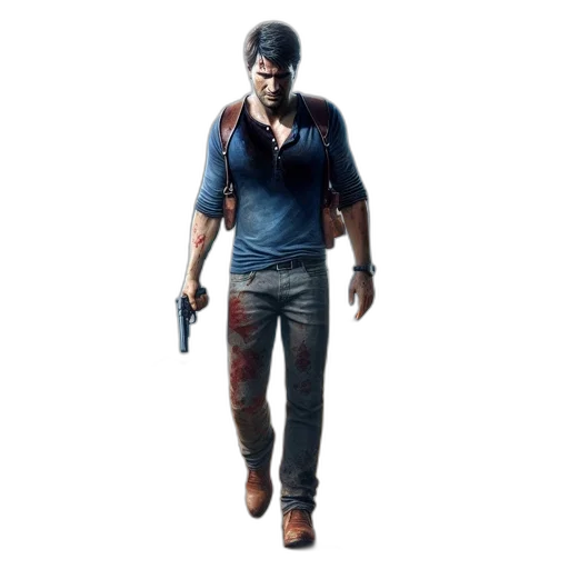 weapon, concept art, 3d render, pixel art, rugged, man, strides, along transparent PNG cut-out