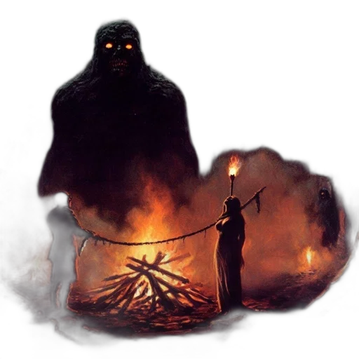 staff, mask, creature, concept art, fantasy art, fog, fire, night transparent PNG cut-out