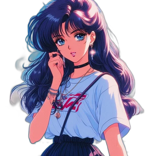 dress, jewelry, staff, face, vaporwave, anime, cartoon, concept art transparent PNG cut-out
